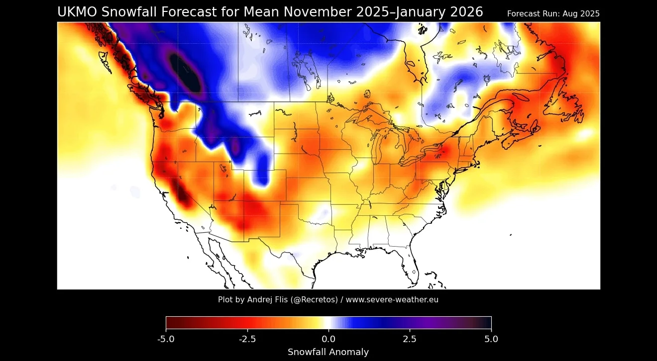Europe USA Canada Snowfall Predictions For Winter 2025 26 WeSki UKMO Winter Snowfall Forecast 2025 2026 United States Canada Seasonal Average 